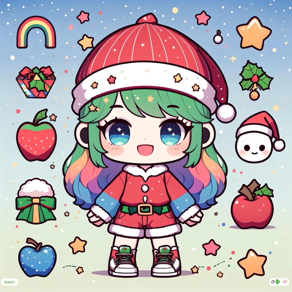 (masterpiece:1.2),(best quality:1.2),(8k),(wallpaper),(christmas theme),((solo)),1girl,blue eyes,food,((holding the apple)),green hair,multicolored hair,solo,hair ornament,rainbow,long hair,shorts,star (symbol),shoes,looking at viewer,gradient hair,sneakers,standing,<lora:add_detail:-0.5>,<lora:BBv1:0.8>,((smile)),((christmas hat)),(blue santa costume),open mouth,