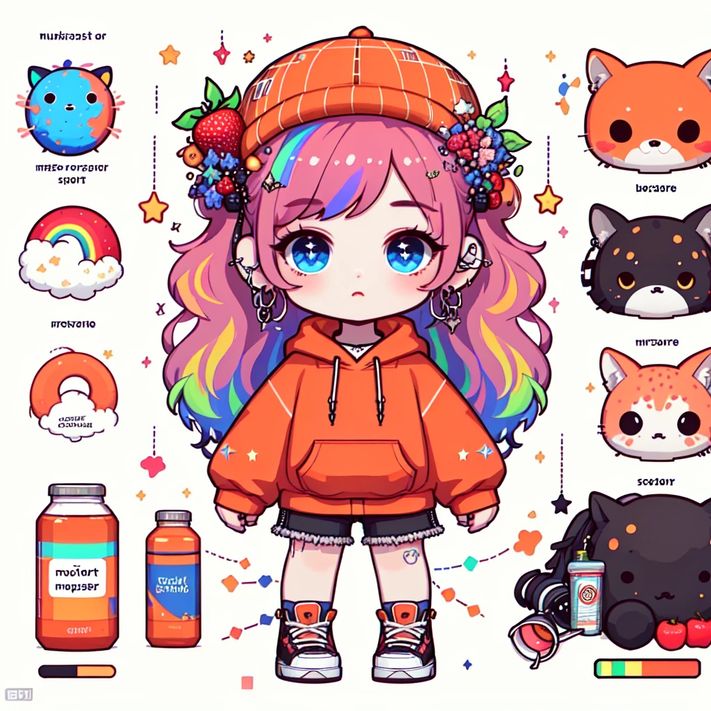 (masterpiece:1.2),(best quality:1.2),(8k),character sheet,(wallpaper),((solo)),((white background)),BBv1,1girl,fruit,blue eyes,food,pink hair,hat,multicolored hair,solo,hair ornament,flower,rainbow,hood,hoodie,long hair,shorts,star (symbol),shoes,looking at viewer,bottle,gradient hair,earrings,strawberry,planet,sneakers,orange headwear,standing,apple,<lora:add_detail:-0.5>,<lora:BBv1:0.8>,