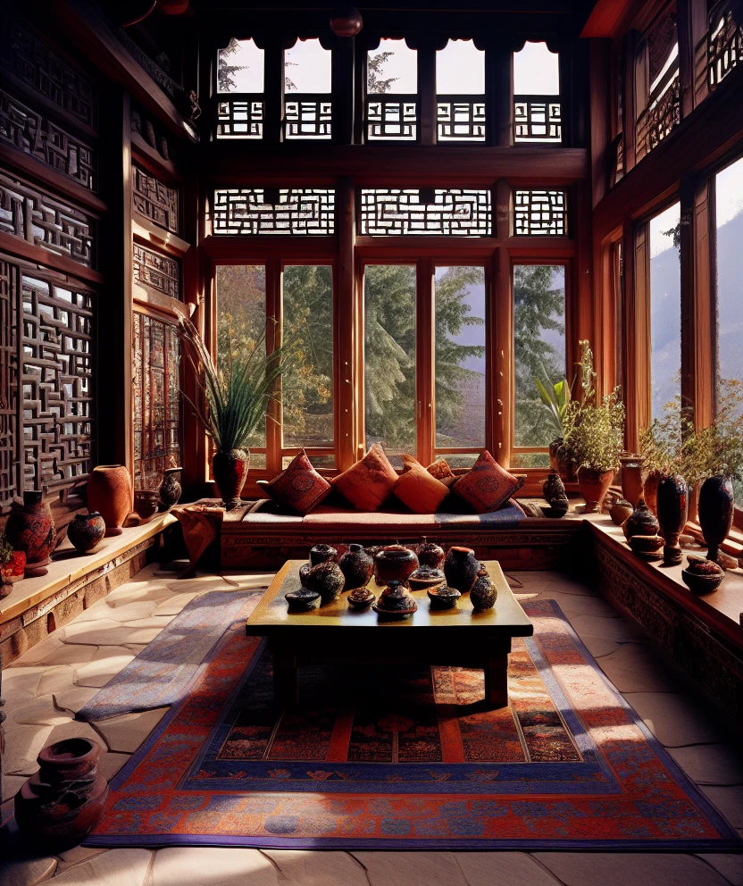 Tibetan-style interior design,no humans,scenery,lattice,architecture,east asian architecture,table,window,indoors,tree,vase,plant,teapot,rug,potted plant,scroll,cushion,carpet,wooden floor,<lora:Tibetanstyle:0.9>,