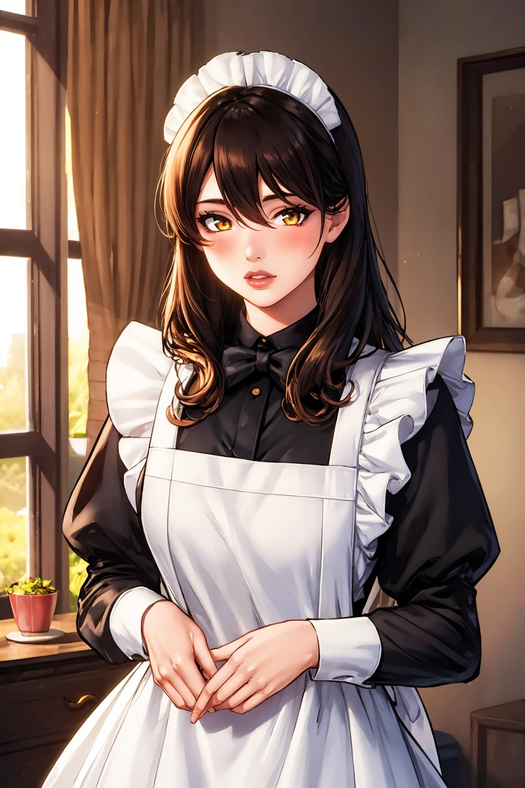 (masterpiece, best quality:1.2), <lora:diabolumberto:1>, diabolumberto, 1girl, solo, long hair, apron, blush, dress, long sleeves, looking at viewer, ripples, bangs, bow, white apron, hair between eyes, black dress, reflection, maid, flower, frilled apron, brown hair, yellow eyes, water, parted lips, maid apron, frills, brown eyes, ribbon