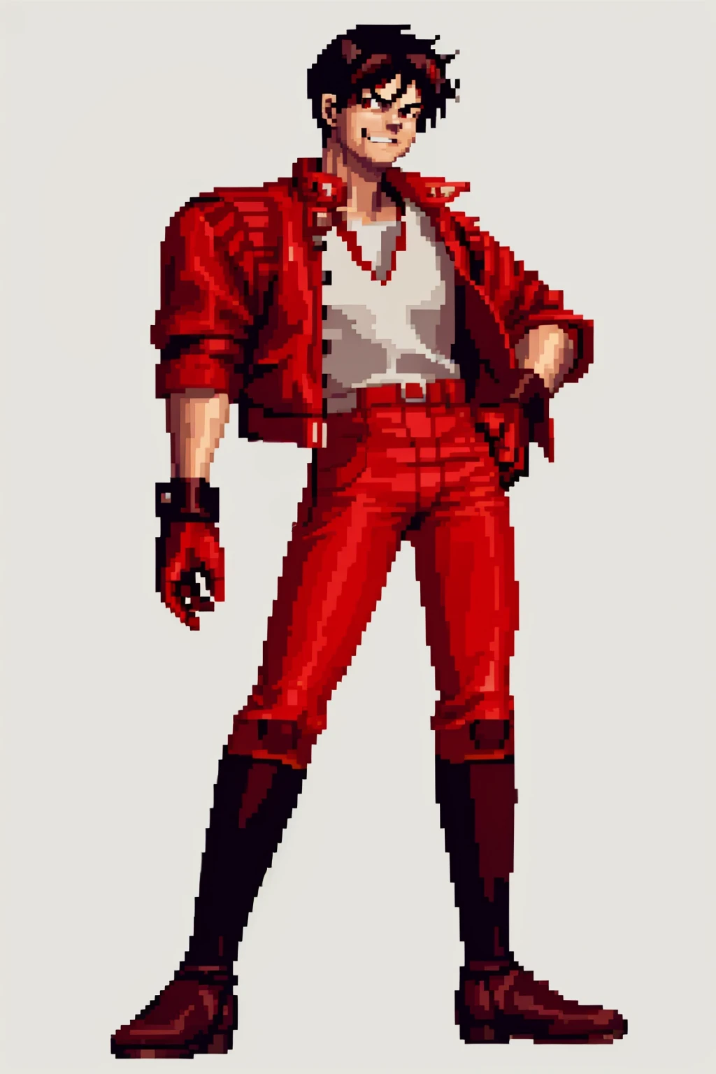 masterpiece, best quality, solo, 1boy, looking at viewer, smirk, <lora:SNK-Kof_sprites_Fp:0.8>, simple background, full body, standing, <lora:akira_kaneda-11:0.9> kaneda shotaro, red jacket, red gloves, red pants, boot