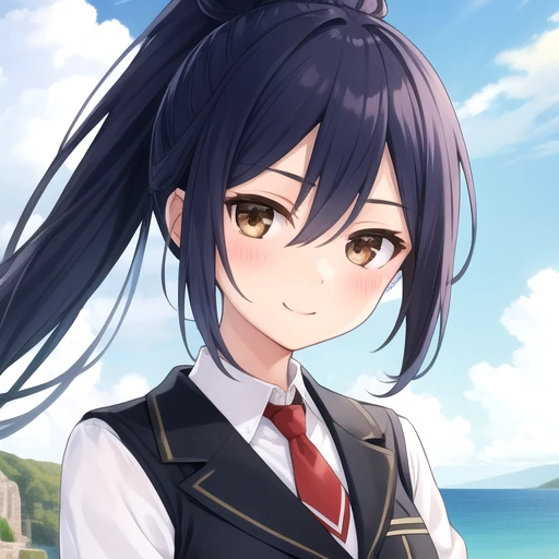 ((masterpiece)),(best quality),official art,extremely detailed CG,unity 8k wallpaper,ultra detailed,A lighthouse on a cliff by the sea,1girl,solo,upper body,(portrait:1.2),looking at viewer,takamiya mana,blue hair,blush,hair between eyes,high ponytail,very long hair,smile,brown eyes,pleated skirt,black jacket,white shirt,red necktie,school uniform,blue skirt,loafers,zettai ryouiki,black socks,<lora:Takamiya Mana(dal)>,<lora:Takamiya Mana(dal):0.5>,