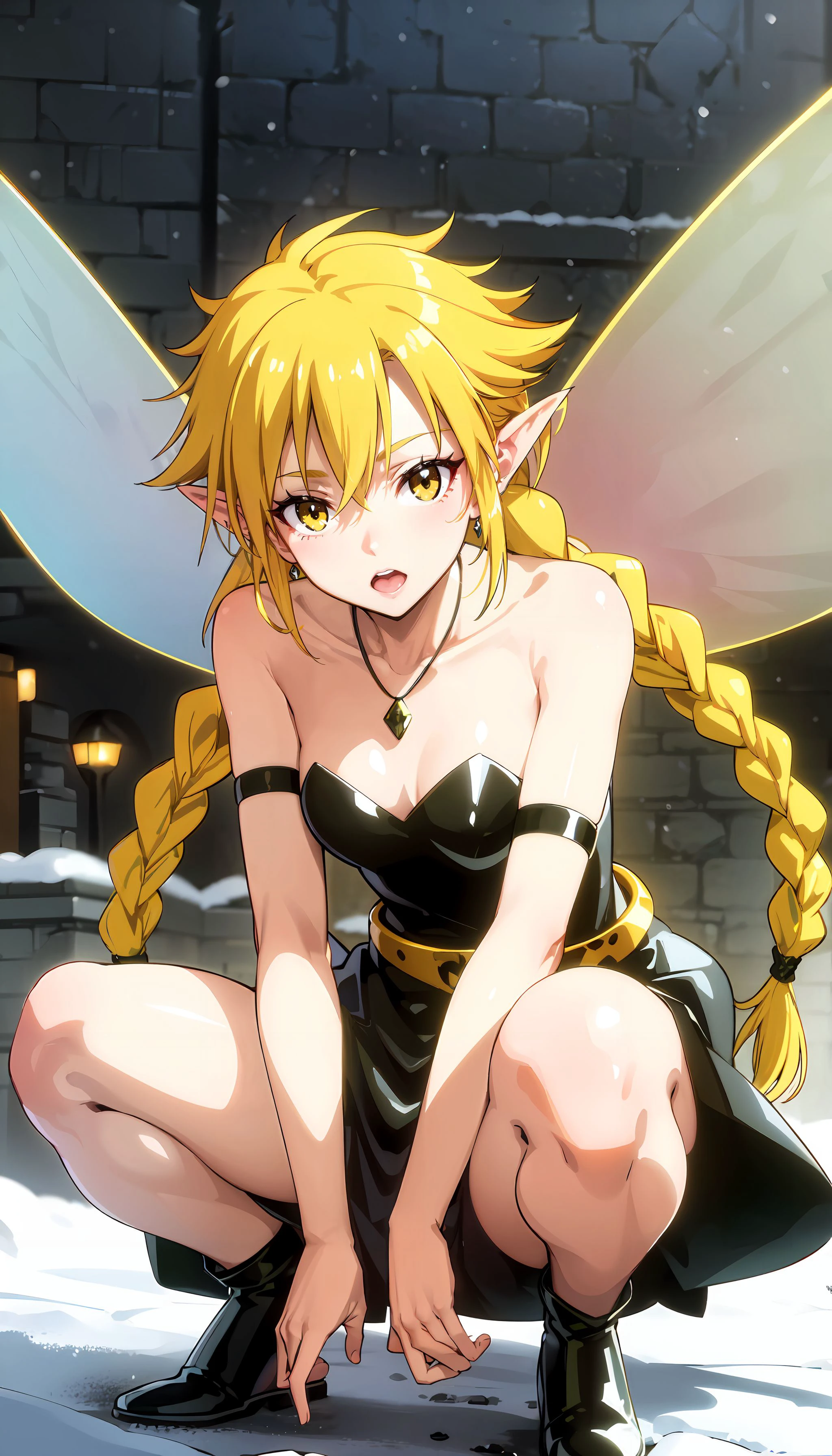 photorealistic, (4k), depth of field, (Masterpiece), (realistic skin texture), extremely detailed, intricate, hyper detailed, professional photography, bokeh, high resolution, sharp detail, best quality, fairy, black dress, strapless dress, blonde hair, twin braids, long braids, gold belt, black armguards, armlets, yellow eyes, (fairy wings), black earrings, <lora:Ramiris-000004:0.7> , (squatting), <lora:GoodHands-vanilla:0.8> , winter, snow, snowing, outdoors, snow covered trees,