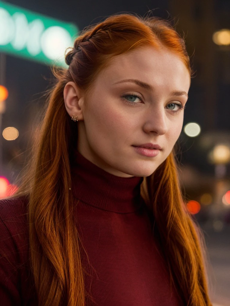 <lora:sptrn2-24:1> a photo of sptrn ,red hair, long braided hair, wearing turtleneck sweater,close-up, masterpiece, city street, neon lights,extreme dof,bokeh