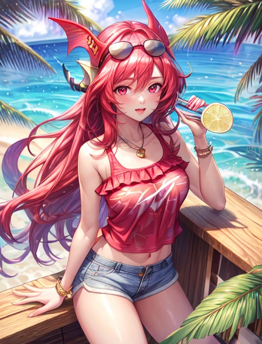 best quality, masterpiece, highres, detailed, digital artwork, <lora:Tools - add_detail:0.2>, AngeVG, <lora:AngeVG:0.8>, 1girl, red hair, long hair, red eyes, head fins, jewelry, white frilled tank top, shorts, mall, tropical, sunglasses, holding drink,