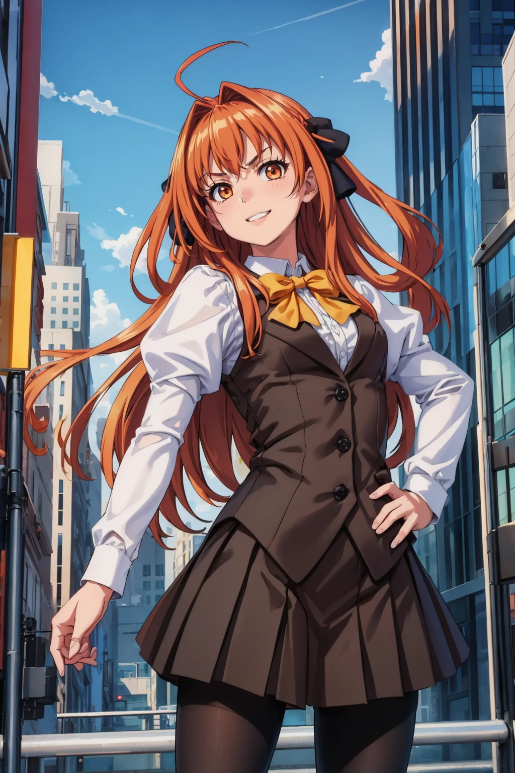 masterpiece, best quality, <lora:corticarte-nvwls-v1-000009:0.8> defCorticarte, hair ribbon, yellow bow, white shirt, long sleeves, black vest, black skirt, black pantyhose, city street, cityscape, blue sky, furrowed brow, grin, looking at viewer, hand to hip, cowboy shot