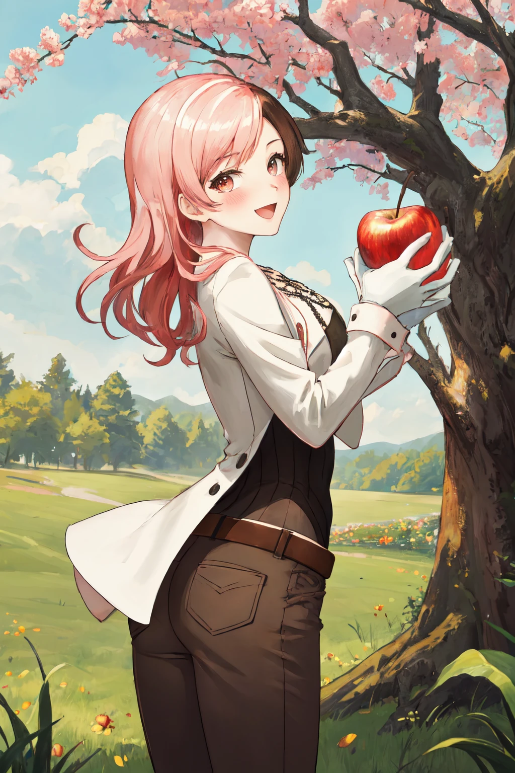 masterpiece, (detailed, highres, best quality), 1girl, <lora:sprwbyNeopolitan-27:1> neopolitandef, necklace, white jacket, leotard, black gloves, black pants, belt, apple, apple tree, basket, food, fruit, grass, green theme, leaf, outdoors, tree, wide shot, Three-Quarters Rear View, :d, blush, hands up, head tilt, looking at viewer, smile, solo