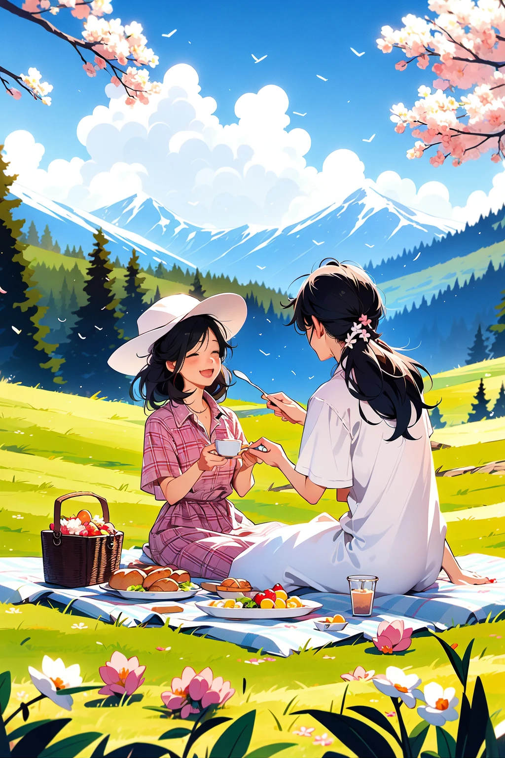 chahua, picnic, 2girls, outdoors, hat, black hair, food, tree, open mouth, grass, shirt, sky, smile, closed eyes, white headwear, flower, cloud, sitting, long hair, holding, blush, blurry foreground, spoon, blurry, mountainous horizon, blue sky, plaid shirt, day, fruit, petals, mountain, picnic basket, hair ornament, feeding, white shirt, bird<lora:chahua_v1-000012:1>