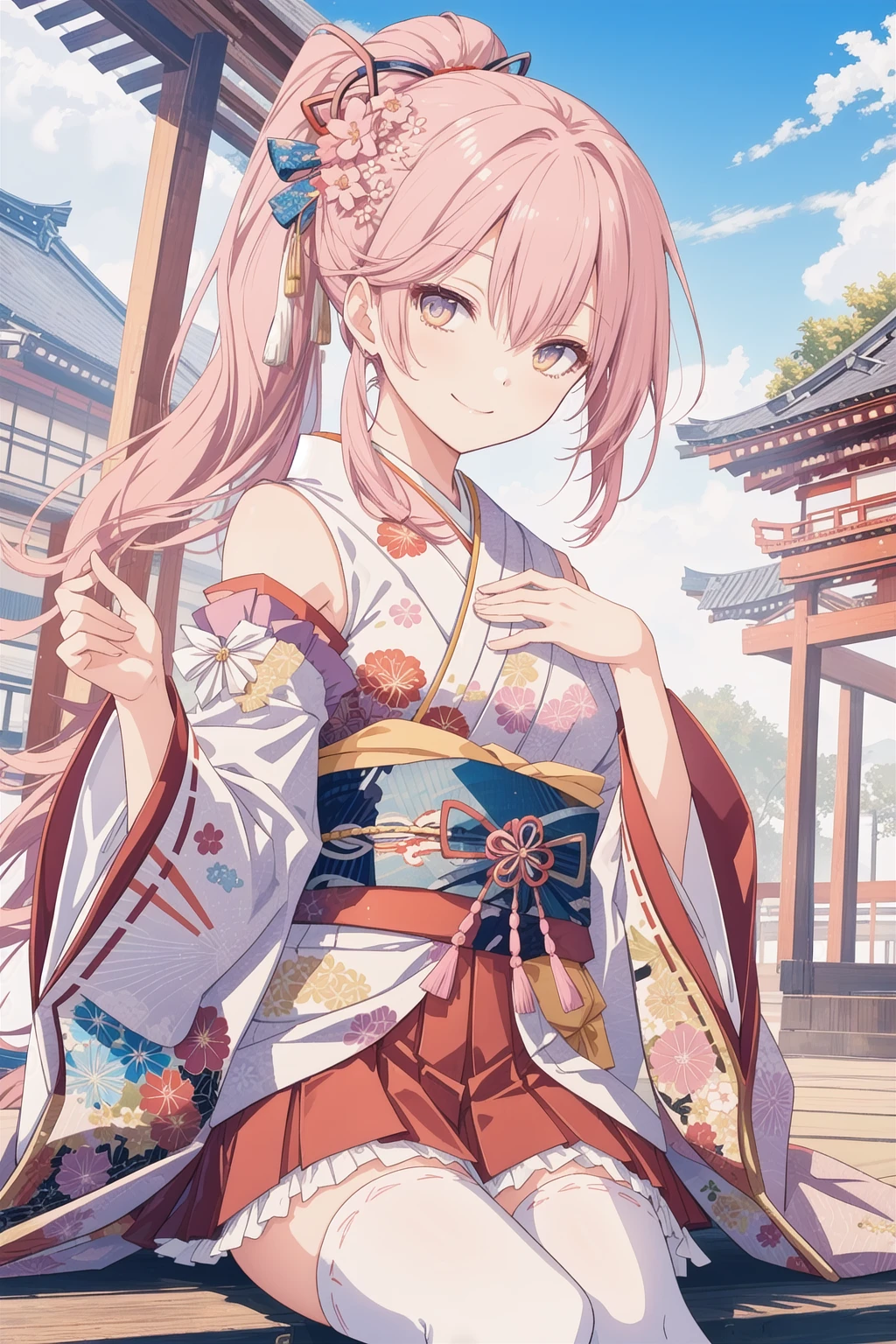 pixai, intricate details, highres, best quality, HDR,
dynamic pose,
<lora:add_detail:0.1> ,<lora:outline:-0.1>,
outdoor,
cowboy shot,
smile,
(Posing as if hugging a friend),
(hand on own knee:1.2),
BREAK,
ponytail hair,
pink hair,
orange color eyes,
(medium breasts:1.1),
<lora:cute_kimono_N_V1_1-000010:0.7>,
frills, japanese clothes, hair flower,wide sleeves, kimono, white thighhighs, zettai ryouiki, floral print, skirt,detached sleeves,