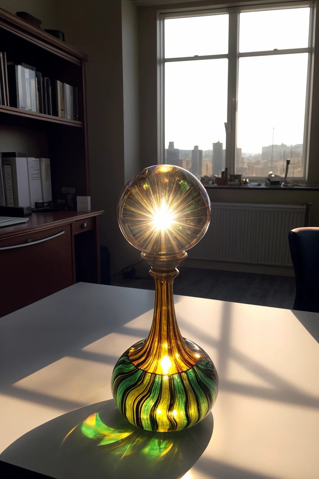 a paperweight on an office table, made of gleaming glinting murano glass, sunlight through window