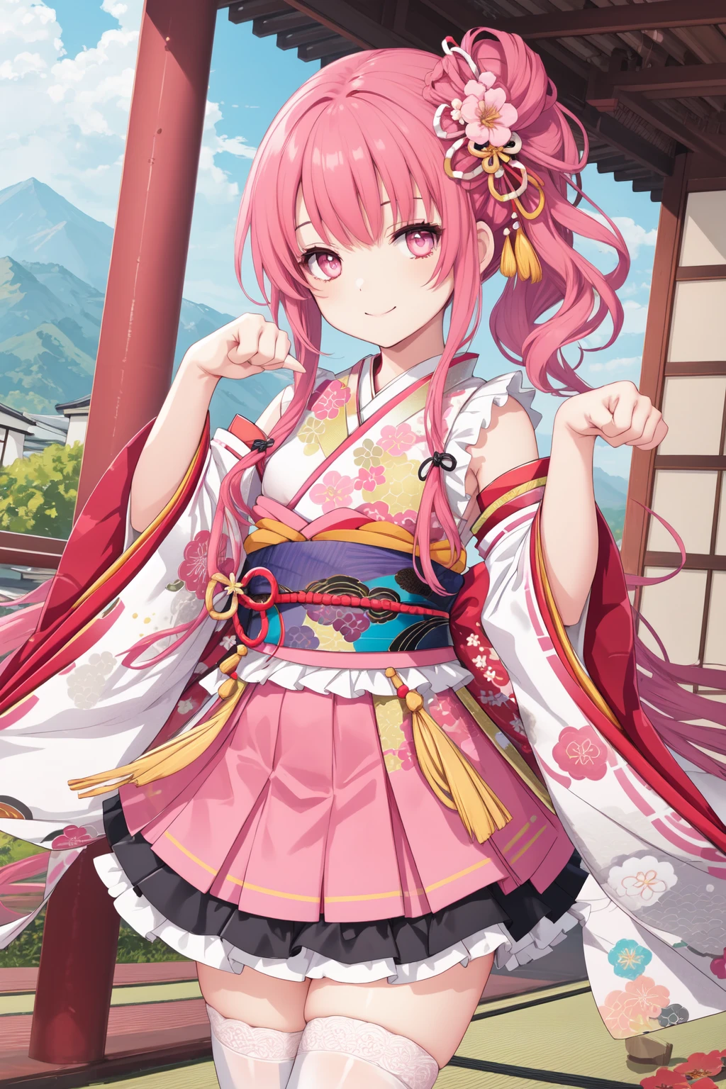 pixai, intricate details, highres, best quality, HDR,
dynamic pose,
<lora:add_detail:0.1> ,<lora:outline:-0.1>,
outdoor,
cowboy shot,
smile,
(Standing with one hand touching the chin),
(paw pose:1.2),
BREAK,
chignon hair,
red hair,
pale pink eyes,
(small breasts:1.1),
<lora:cute_kimono_N_V1_1-000010:0.8>,
frills, japanese clothes, hair flower,wide sleeves, kimono, white thighhighs, zettai ryouiki, floral print, skirt,detached sleeves,
