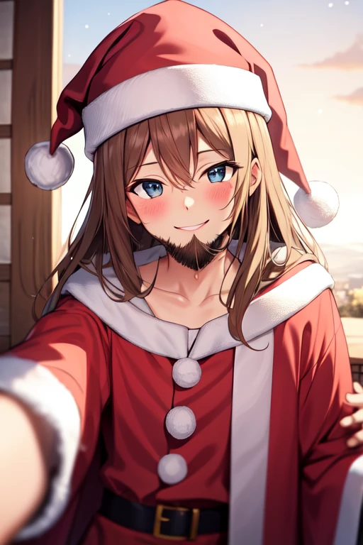 santachrist, POV, looking at viewer, smile, blush