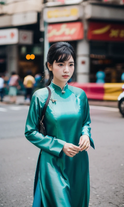 1 girl, standing on the street, ao dai, madam nhu, Saigon, RAW photo, (high detailed skin:1.2), 8k uhd, dslr, soft lighting, high quality, film grain, Fujifilm XT3