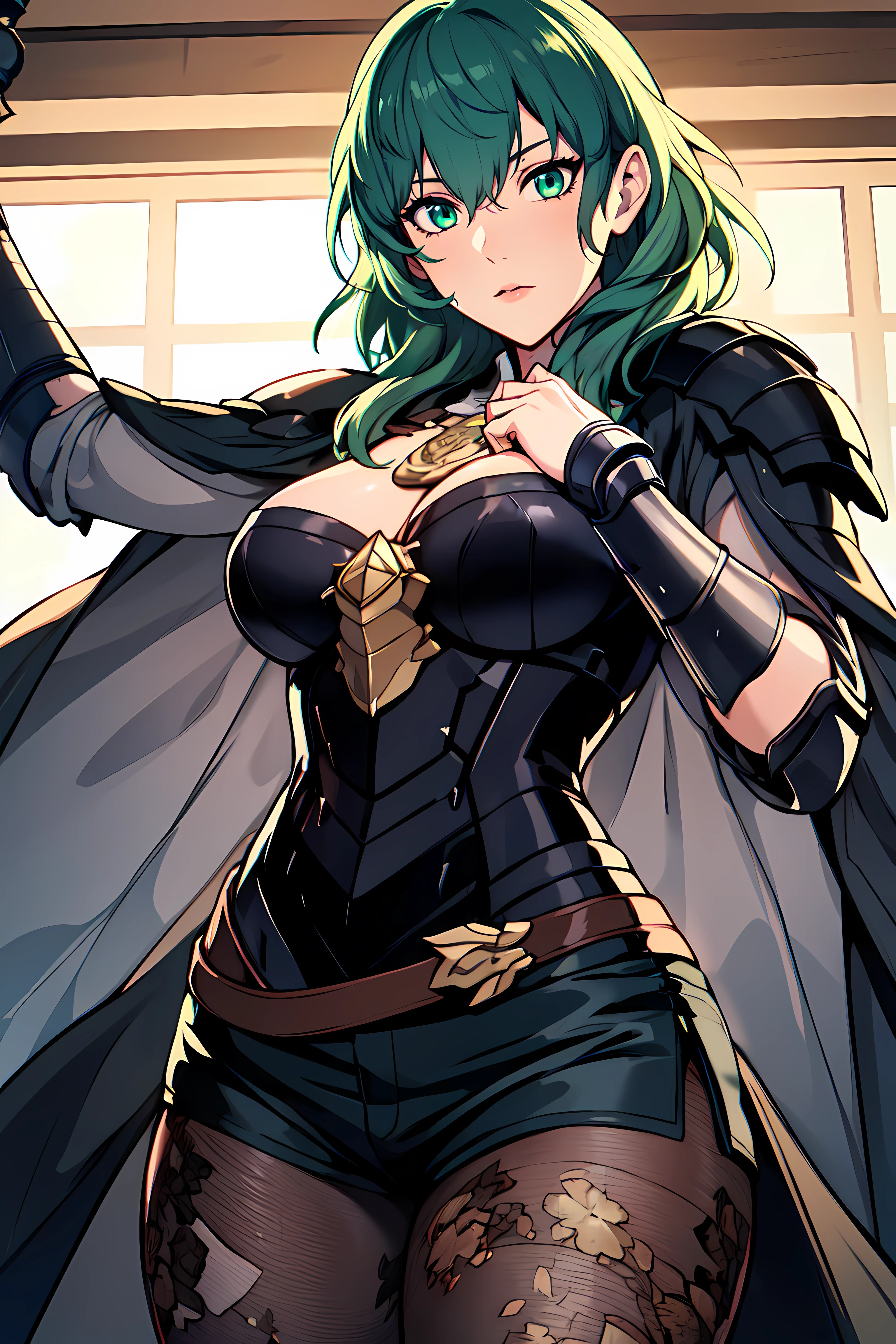 masterpiece,best quality, unreal engine, ultra res, extremely detailed,
1girl, large breasts,  waist , (muscular:0.4) ,slender,
<lora:Character_ort_byleth_fe3h_v0.8:0.7>
byleth,
light green hair, green eyes
armor, shorts, gauntlet, cape, pantyhose, floral print,
watching at viewer, 
fighting stance, sword, holding sword,
<lora:Style_hews_style:0.4>hews style <lora:Style_cutesexyrobutts_v2:0.>CSR STYLE
<lora:Style_puuzaki-puuna-lora-v1:0.><lora:Style_anmnr01AOM3A1:0.2>
<lora:Concept_Round_Breasts_V7:0.2>ROUND BREASTS, medium  BREASTS