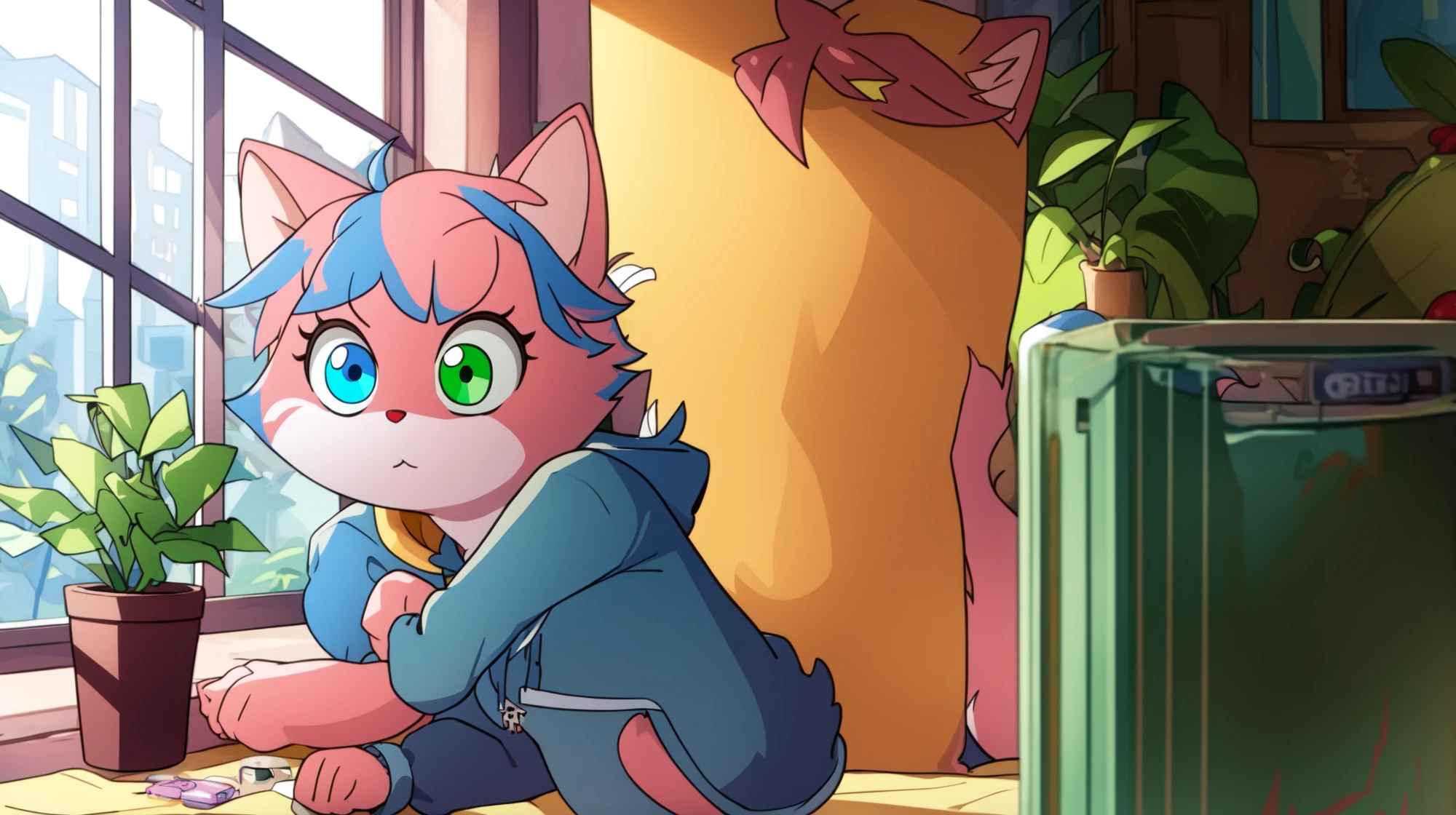 alphalexa, green eyes, blue eyes, heterochromia, furry female, solo, vtuberhood, bracelet, hoodie, window, jewelry, indoors, plant