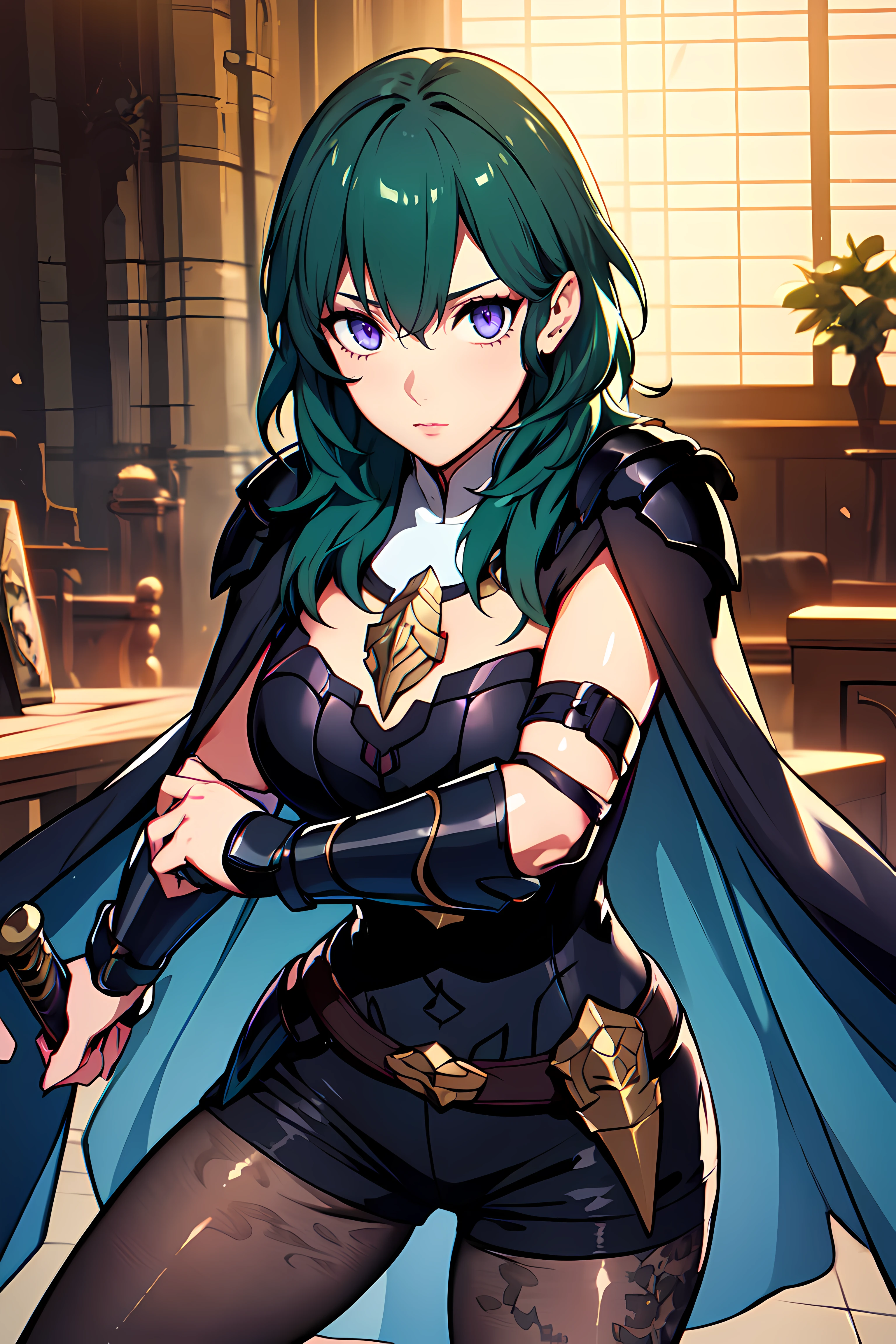 masterpiece,best quality, unreal engine, ultra res, extremely detailed,
1girl, large breasts,  waist , (muscular:0.4) ,slender,
<lora:Character_ort_byleth_fe3h_v0.8:0.7>
byleth,
deep green hair, amethyst eyes
armor, shorts, gauntlet, cape, pantyhose, floral print,
watching at viewer, 
fighting stance, sword, holding sword,
<lora:Style_hews_style:0.4>hews style <lora:Style_cutesexyrobutts_v2:0.>CSR STYLE
<lora:Style_puuzaki-puuna-lora-v1:0.><lora:Style_anmnr01AOM3A1:0.2>
<lora:Concept_Round_Breasts_V7:0.2>ROUND BREASTS, medium  BREASTS