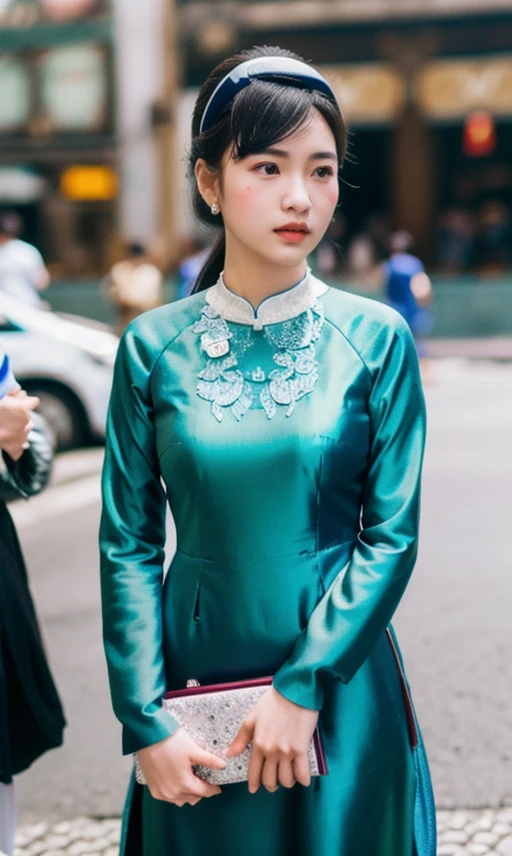 1 girl, standing on the street, ao dai, madam nhu, Saigon, RAW photo, pearl necklace, (high detailed skin:1.2), 8k uhd, dslr, soft lighting, high quality, film grain, Fujifilm XT3