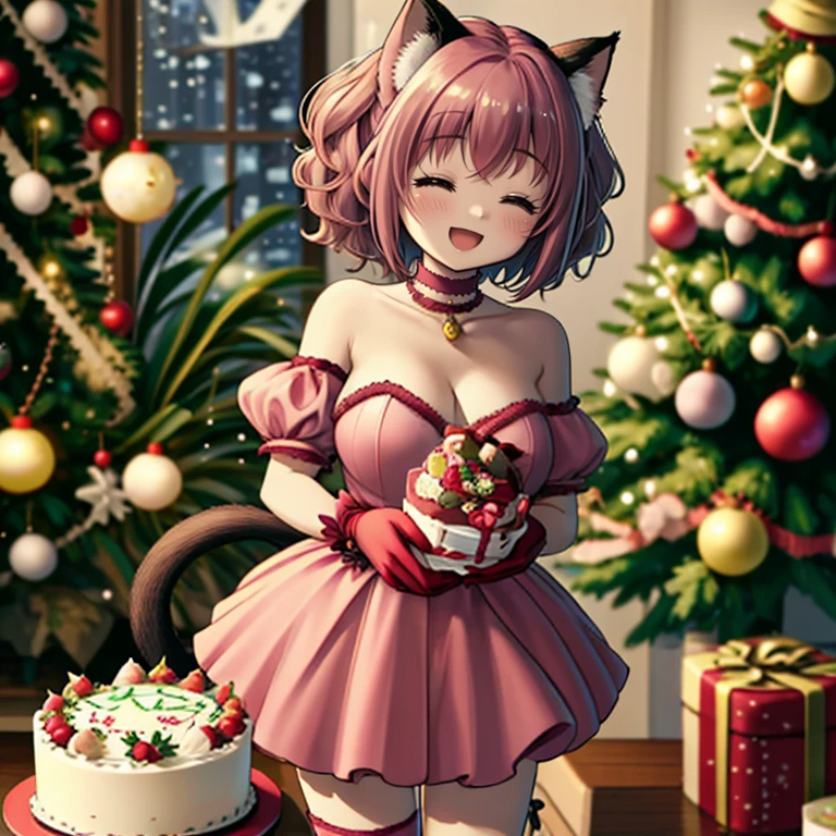 <lora:LCM_LoRA_Weights_SD15:1>,masterpiece,best quality,highly detailed,1girl,solo,smile,light smile,open mouth,closed eyes,
<lora:momomiya_ichigo_v2:0.75>, blush,bow,cat girl,cat tail,choker,cleavage,detached sleeves,dress,gloves,large breasts,magical girl,mi1,pink choker,pink dress,puffy detached sleeves,puffy sleeves,red gloves,ribbon,tail,tail bell,tail bow,tail ornament,short hair,pink hair,
BREAK
<lora:happyChristmas:0.4>,celebrateCake,christmas,christmas lights,christmas ornaments,christmas tree,merry christmas,solo focus,(((celebrateCake, standing next to a christmas cake))),