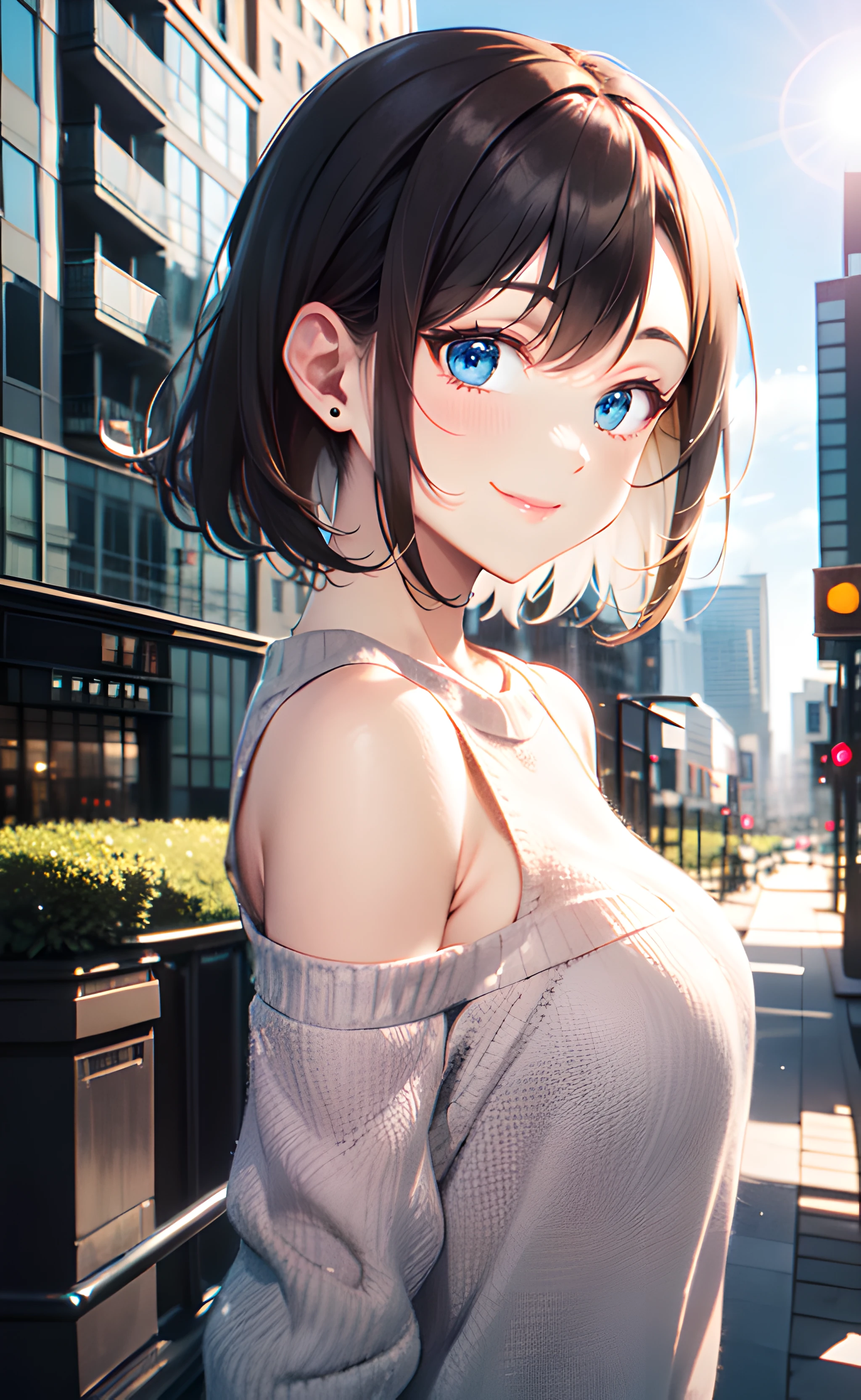 1girl, upper body, standing, from side, short hair, brown hair, blue eyes, white sweater, long sleeves, shoulder cutout, bare shoulders, closed mouth, smile, outdoors, city, cityscape, blue sky, sunlight