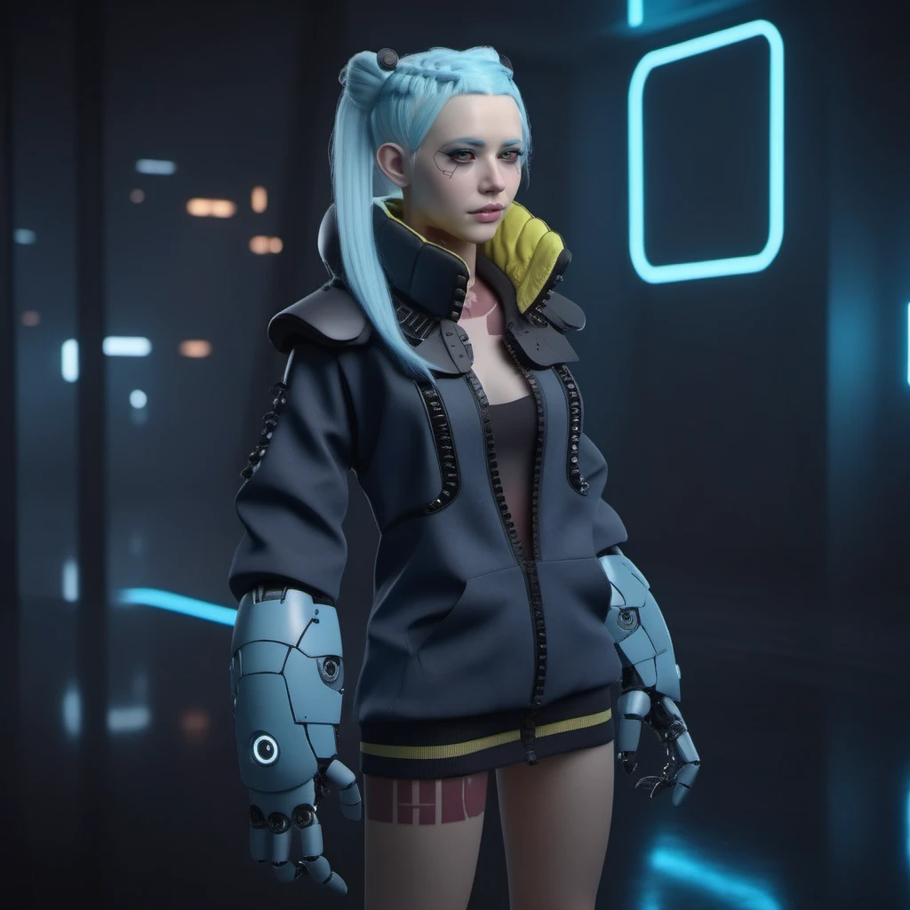 a woman with light blue skin, ligh blue hair, long pigtails,  wear a jacket, robotic big hands, cyberpunk background, highly detailed, photography, ultra sharp, film, bokeh, professional, 64k <lora:Rebecca1024:0.8>