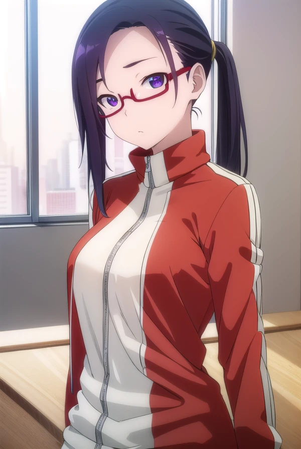 sakiesatou, <lora:sakie satou s1-lora-nochekaiser:1>,
sakie satou, long hair, black hair, (purple eyes:1.1), ponytail, glasses, semi-rimless eyewear, red-framed eyewear, under-rim eyewear,
BREAK jacket, track jacket, track suit, (red jacket:1.3)
BREAK indoors, classroom,
BREAK looking at viewer, (cowboy shot:1.5),
BREAK <lyco:GoodHands-beta2:1>, (masterpiece:1.2), best quality, high resolution, unity 8k wallpaper, (illustration:0.8), (beautiful detailed eyes:1.6), extremely detailed face, perfect lighting, extremely detailed CG, (perfect hands, perfect anatomy),