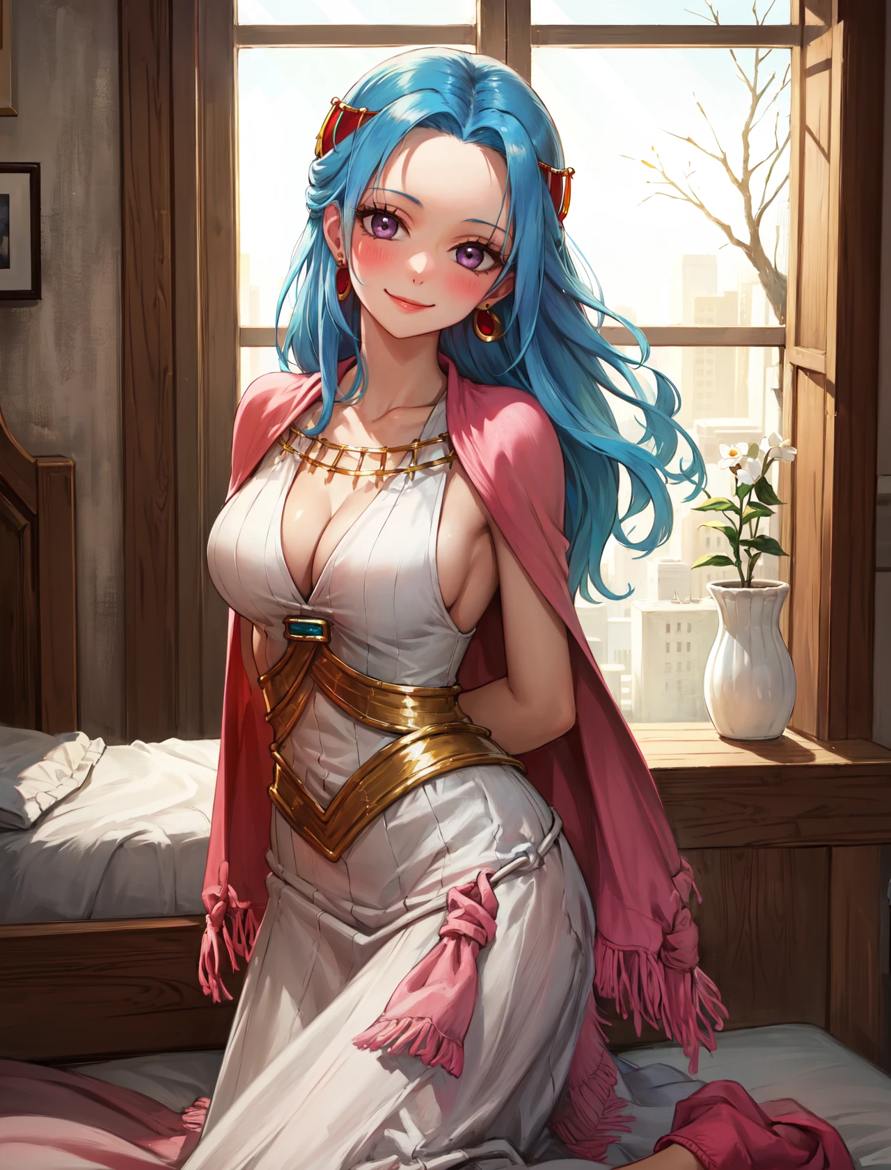 masterpiece, best quality, highres,
NefertariDef, 1girl, solo, long hair, breasts, large breasts, hair ornament, dress, cleavage, jewelry, closed mouth, blue hair, purple eyes, collarbone, earrings, sleeveless, cape, white dress, bracelet, eyelashes, sideboob, sleeveless dress,
<lora:LoRA_Nefertari:1>, leaning back, head tilt, medieval room, wariza, on bed, window, looking at viewer, smile, blush, arms behind back,
