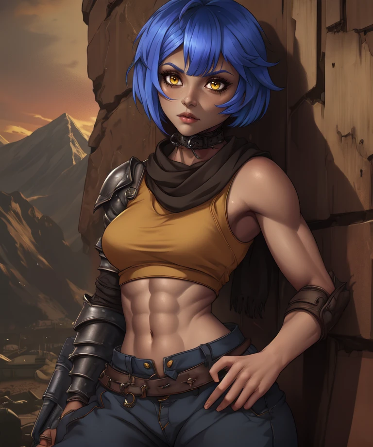 Saria,blue hair,yellow eyes,short hair,
brown crop top,collar,single gauntlet,loose pants,navel,toned,black scarf,
standing,upper body,(serious:0.7),leaning against wall,
wasteland,dusk,mountains,
(insanely detailed, beautiful detailed face,beautiful detailed eyes, masterpiece, best quality),solo,<lora:Saria:0.8>,