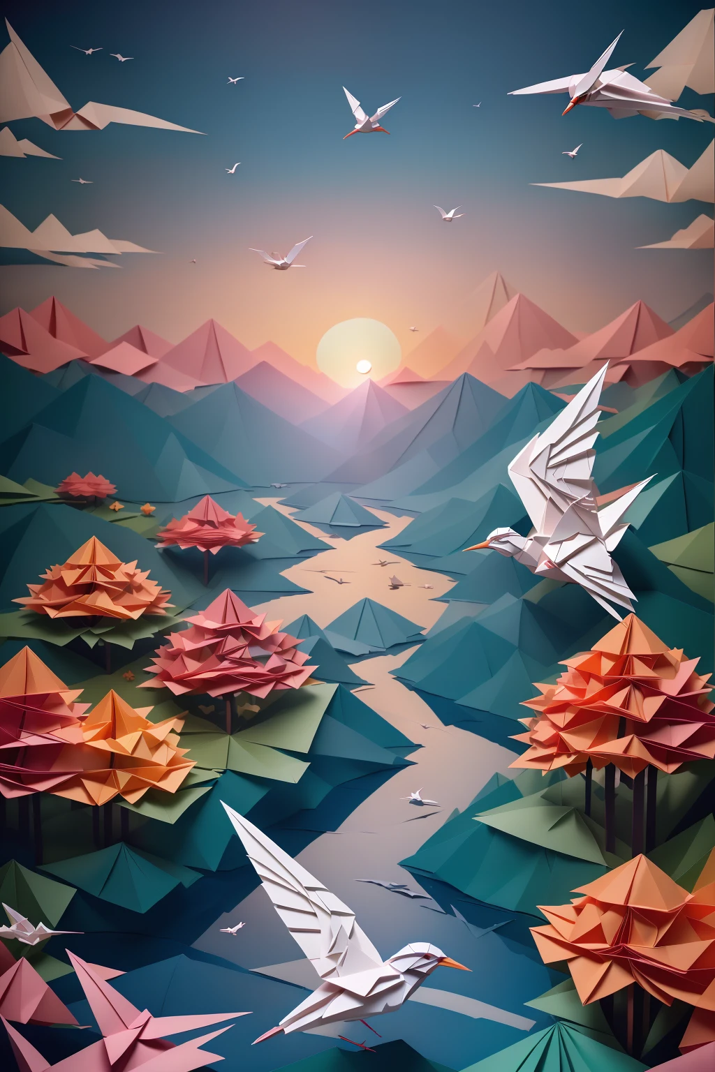 ((best quality)), absurdres, ((ultra high res)), origami, a paper bird flying, scenery, sunset, extremely detailed, realistic, 8k, masterpiece, <lora:origami:0.8>