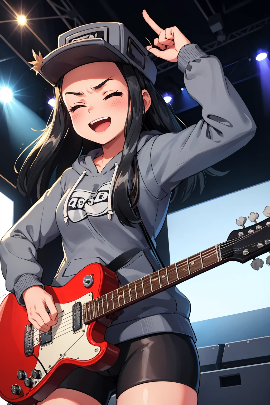 masterpiece, best quality, <lora:cassettegirl-nvwls-v1-000009:0.9> cassettegirl, hat, grey hoodie, short shorts, guitar, closed eyes, :D, stage, cowboy shot, furrowed brow