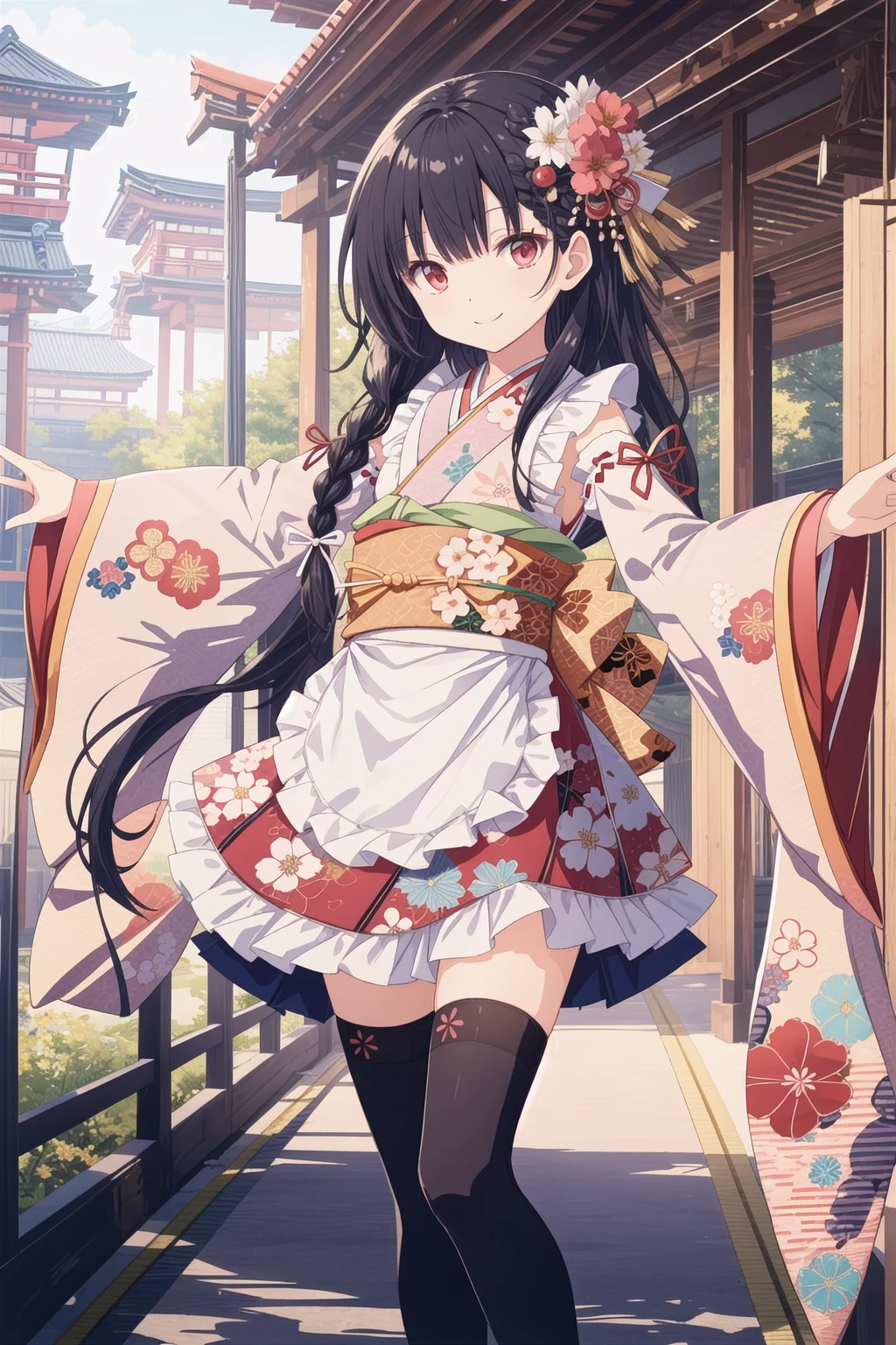pixai, intricate details, highres, best quality, HDR,
dynamic pose,
<lora:add_detail:0.1> ,<lora:outline:-0.1>,
outdoor,
smile,
(Standing with one foot on tiptoe),
(outstretched arms:1.2),
BREAK,
single braid hair,
black hair,
red eyes,
(flat chest:1.1),
<lora:cute_kimono_N_V1_1-000010:0.7>,
frills, japanese clothes, hair flower,wide sleeves, kimono, white thighhighs, zettai ryouiki, floral print, skirt,detached sleeves,
apron,