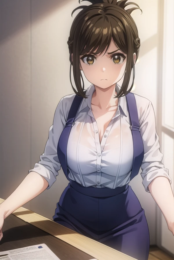 kanakojima, <lora:kana kojima s1-lora-nochekaiser:1>,
kana kojima, brown hair, (brown eyes:1.5), folded ponytail, angry, frown,
BREAK shirt, cleavage, white shirt, skirt, pencil skirt,
BREAK indoors, classroom,
BREAK looking at viewer, (cowboy shot:1.5),
BREAK <lyco:GoodHands-beta2:1>, (masterpiece:1.2), best quality, high resolution, unity 8k wallpaper, (illustration:0.8), (beautiful detailed eyes:1.6), extremely detailed face, perfect lighting, extremely detailed CG, (perfect hands, perfect anatomy),