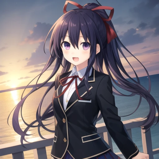 ((masterpiece)),(best quality),official art,extremely detailed CG,unity 8k wallpaper,ultra detailed,A lighthouse on a cliff by the sea,1girl,solo,upper body,looking at viewer,yatogami tooka,bangs,blush,very long hair,hair between eyes,sidelocks,hair ribbon,floating hair,smile,black thighhighs,black jacket,white shirt,pleated skirt,high ponytail,purple hair,open mouth,red ribbon,school uniform,skirt,violet eyes,zettai ryouiki,loafers,<lora:Yatogami Tohka(dal)>,<lora:TSNeptunia-000045:0.5>,