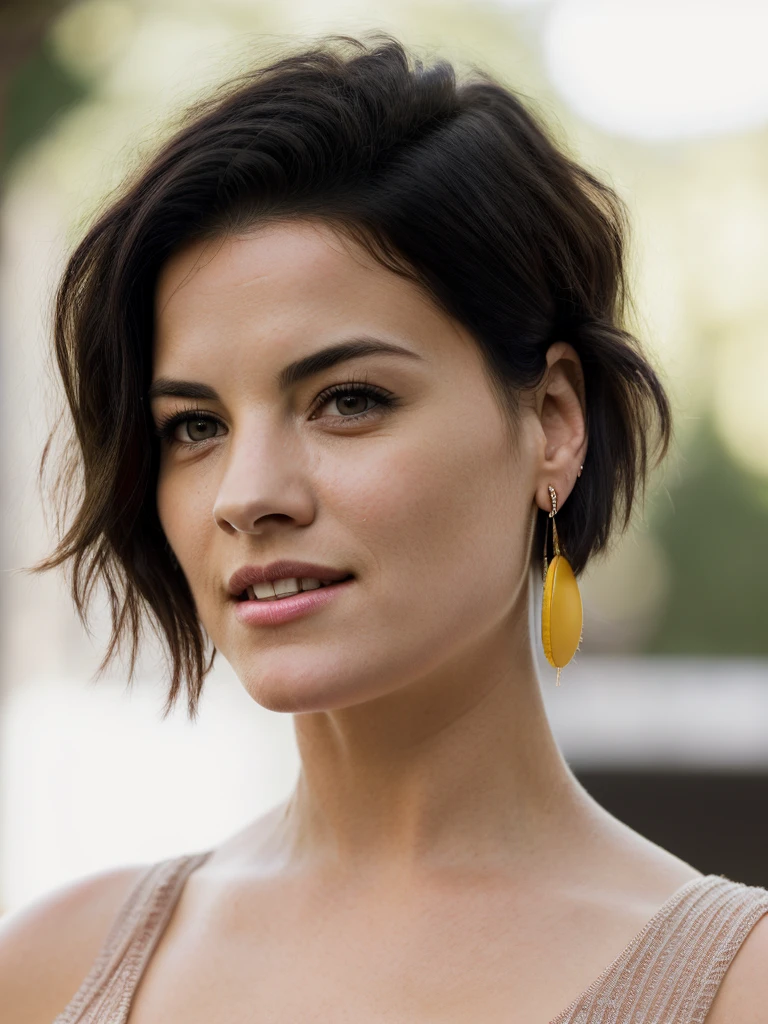 Realistic photo of a beautiful j41m134 woman,1girl,solo,looking at viewer,short hair,black hair,jewelry,yellow eyes,earrings,parted lips,teeth,lips,portrait,realistic,soft lighting, professional Photography, Photorealistic, detailed, RAW, analog, sharp focus, 8k, HD, high quality, masterpiece<lora:j41m134:1.0>