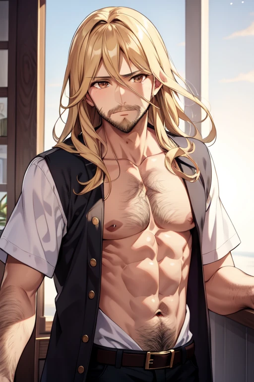 high quality, detailed, Realistic, (one 16 years old japanese boy), (detailed blue eyes), (abs:1.5), (shiny skin), detailed nipples, blond hair, (black tiny thong), (erected bulge), summer beach, (smile:0.8), close up face, (sweat:1.4), (cum:1.4), (cum on chest),