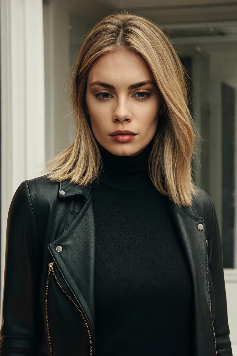 headshot, a woman in a black turtleneck sweater and black jacket with fur, soft colors, masterpiece, high quality, (high detailed skin:1.1)
<lora:jennifer_holland_lora_v01:1> 87j3n