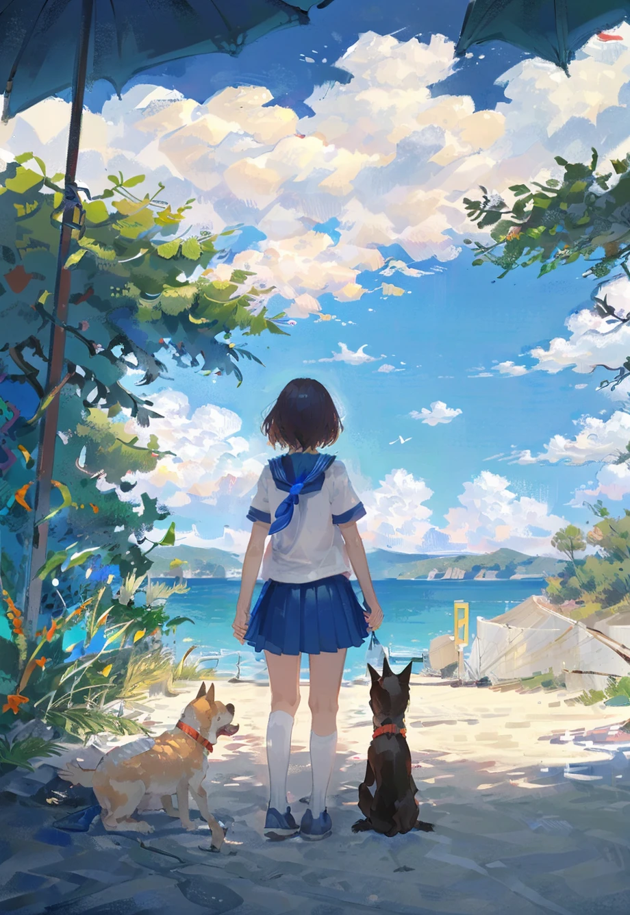 1girl, skirt, solo, short hair, outdoors, sky, school uniform, from behind, serafuku, sailor collar, short sleeves, white shirt, shirt, dog, pleated skirt, blue skirt, shoes, standing, blue sailor collar, shoes removed, beach, ocean, facing away, blue sky, brown hair, cloud, scenery,  (illustration:1.0), masterpiece, best quality,  <lora:Speedpainta:0.76>