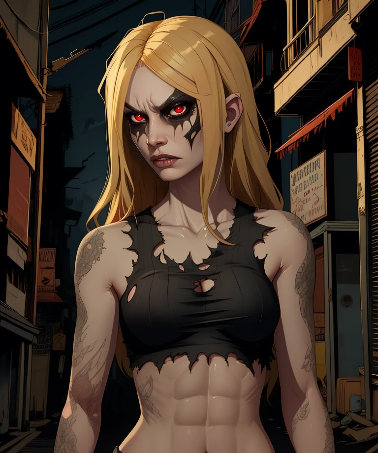 wtchl,long hair,blonde hair,red eyes,grey skin,
crop top,torn clothes,underwear,looking at viewer,
standing,angry,black claws,
horror \(theme\),
night,alley,
(insanely detailed, beautiful detailed face,beautiful detailed eyes, masterpiece, best quality),solo,<lora:witchL4d:0.8>,