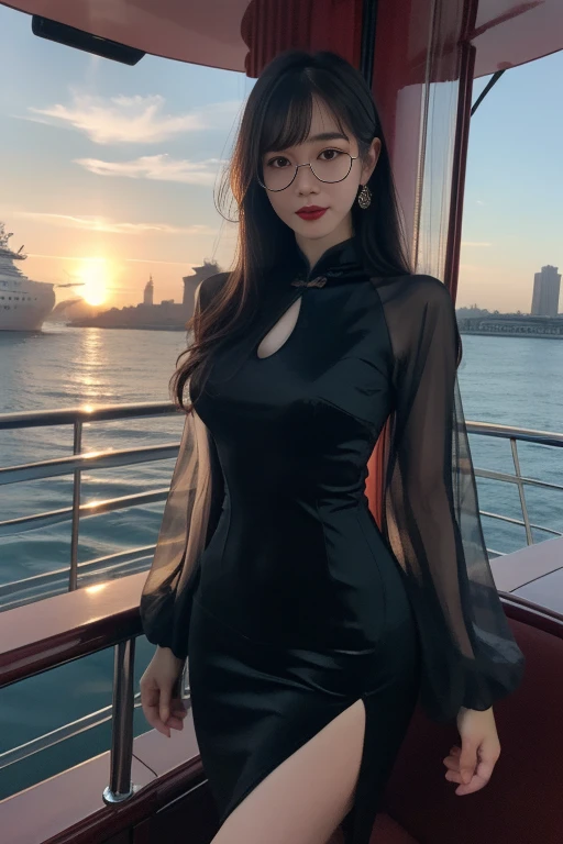 ltra-detailed,highly detailed,best quality,masterpiece,illustration,realistic,photorealistic,
whqp, qipao, solo, 1girl,
green dress,green sleeves, crossdressing,
chinese clothes, china dress, see-through sleeves, long sleeves, cleavage cutout, pantyhose, round eyewear, side slit,
long hair, bangs,
looking at viewer,cowboy shot,
outdoors, sea,cruise ship, ship deck, skyline, sunlight, sunrise,
<lora:whqp qipao_v1_03:0.7>