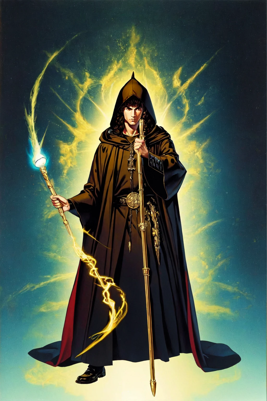 FantasyBookCover Style, solo, brown hair, black hair, 1boy, jacket, male focus, red robes, hood down, staff, magic, four point perspective, masterpiece, official art, <lora:Fantasy_Book_Style:0.75>