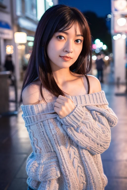 1girl, (wearing an off-shoulder knit top:1.6),(RAW photo, best quality), (realistic, photo-realistic:1.4), masterpiece, an extremely delicate and beautiful, extremely detailed, 2k wallpaper, Amazing, finely detail, extremely detailed CG unity 8k wallpaper, ultra-detailed, highres, soft light, beautiful detailed girl, extremely detailed eyes and face, beautiful detailed nose, beautiful detailed eyes,(cinematic lighting:1.4),(in the city at night:2.0),perfect anatomy,(slender body:1.2),(close up face:1.8),(gentle smile,Friendly, warm:2.0),(looking at viewer:1.8),(japanese idol:1.8),(wavy long hair:1.6), (brown eyes:1.8),(standing and posing:2.0),(cleavage:1.5), <lora:suzuharanozomi_lora-11:0.8>