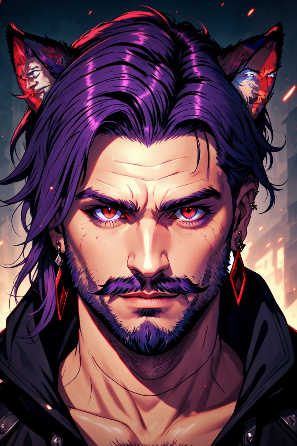 <lora:Hellaine:0.5> Hellaine Style, solo, looking at viewer, red eyes, 1boy, animal ears, horns , glowing eyes, jewelry, closed mouth, purple hair, blue hair, male focus, red hair, earrings, cat ears, streaked hair, facial hair, piercing, ear piercing, portrait, beard, mustache,