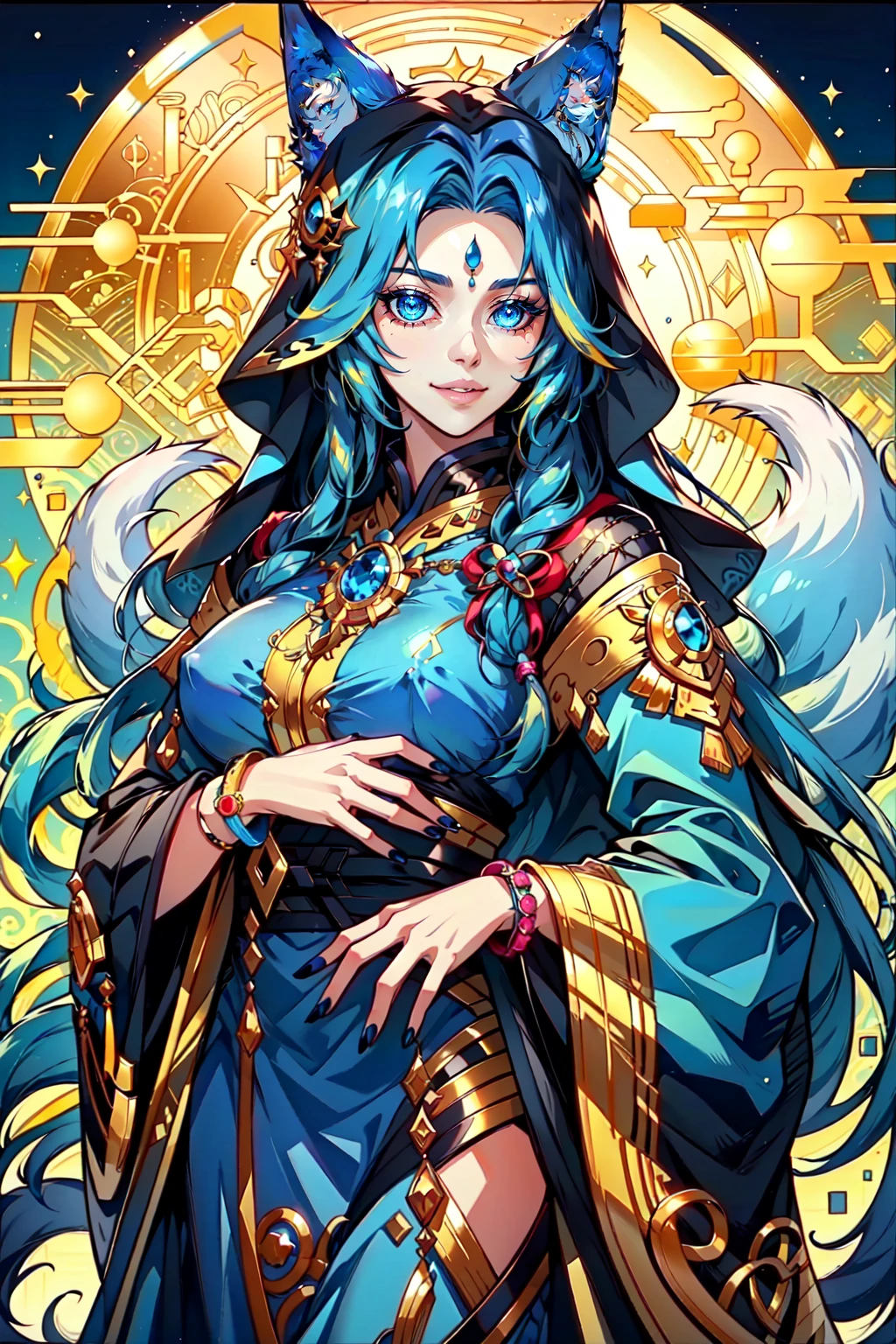 Kitsune_Yokai, 1girl, solo, long hair, Kitsune,fox girl, looking at viewer, smile, blue eyes, blue dress, robes, cloak, gold accent, covered, cloak, veil, long sleeves, large breasts, Fox tail,  animal ears, jewelry, very long hair, blue hair, parted lips, shiny, cat ears, wide sleeves, nail polish, bracelet, covered nipples, lips, animal ear fluff, aqua hair, blue nails, long skirt, foxy vibes, LUT like A movie, realistic, <lora:YokaiKitsune:0.8>