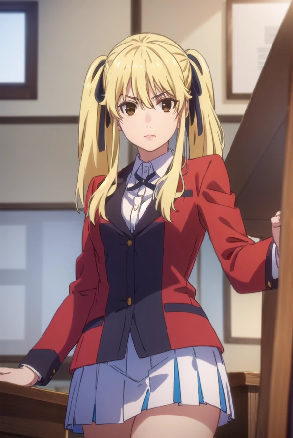 marysaotome, <lora:mary saotome s2-lora-nochekaiser:1>,
mary saotome, long hair, blonde hair, hair between eyes, twintails, (brown eyes:1.3), hair ribbon,
BREAK skirt, shirt, school uniform, jacket, white shirt, pleated skirt, collared shirt, black skirt, blazer, (red jacket:1.5),
BREAK indoors, classroom,
BREAK looking at viewer, (cowboy shot:1.5),
BREAK <lyco:GoodHands-beta2:1>, (masterpiece:1.2), best quality, high resolution, unity 8k wallpaper, (illustration:0.8), (beautiful detailed eyes:1.6), extremely detailed face, perfect lighting, extremely detailed CG, (perfect hands, perfect anatomy),