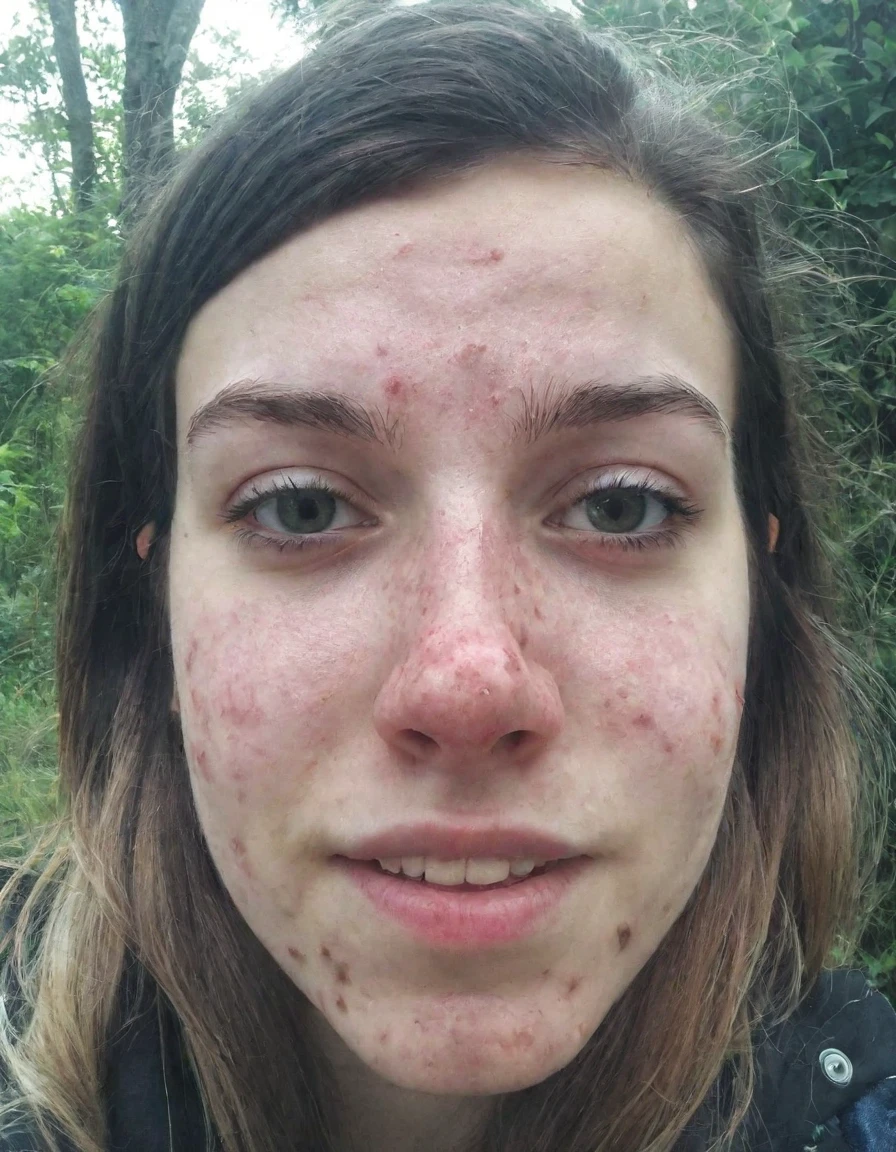 selfie of a 25 year old woman, acne, imperfect, outdoors