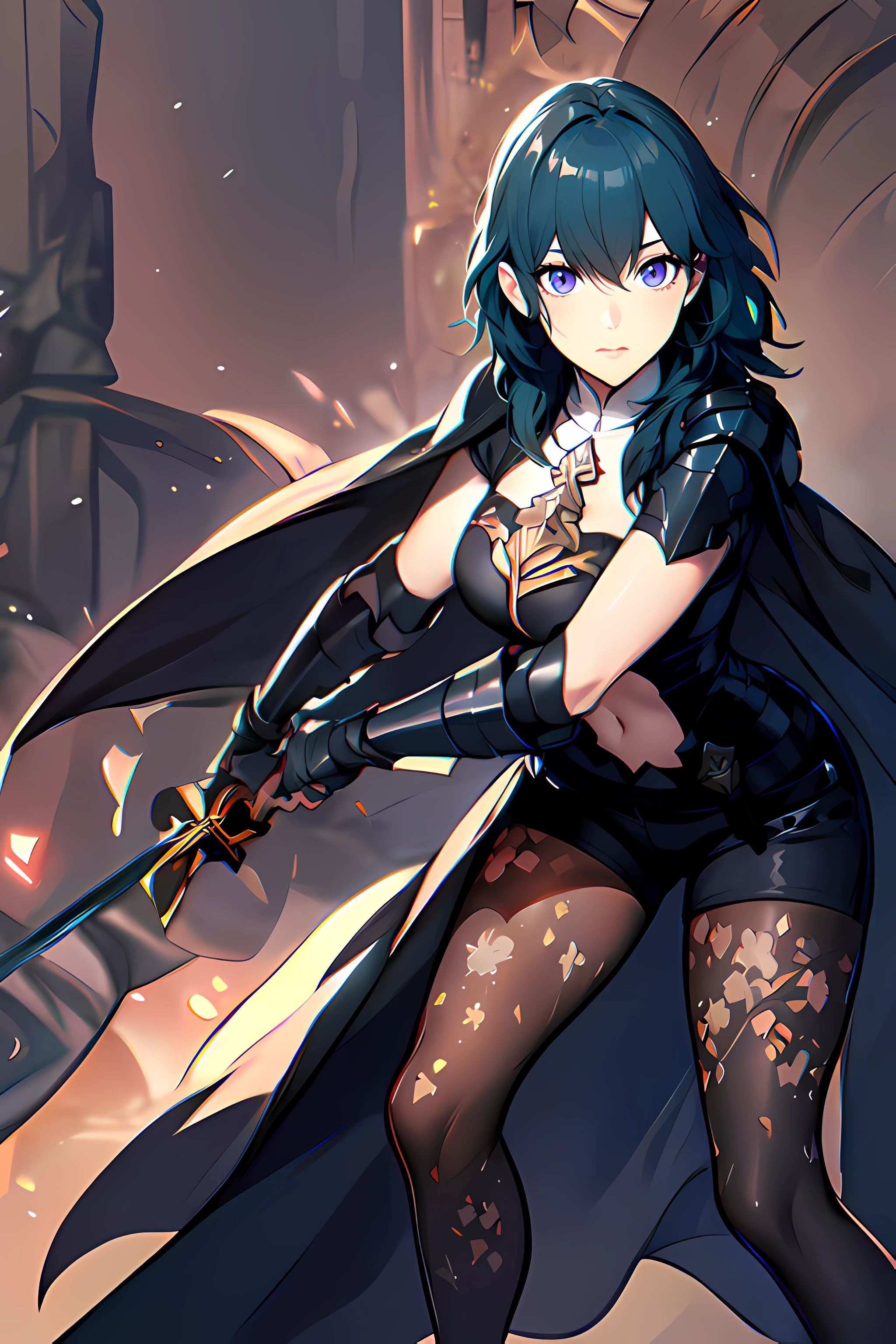 masterpiece,best quality, unreal engine, ultra res, extremely detailed,
1girl, large breasts,  waist , (muscular:0.4) ,slender,
<lora:Character_ort_byleth_fe3h_v0.8:0.7>
byleth,
armor, shorts, gauntlet, cape, pantyhose, floral print,
watching at viewer,
fealess face, fighting stance, (holding sword, long sword:1.2)
<lora:Style_hews_style:0.4>hews style <lora:Style_cutesexyrobutts_v2:0.>CSR STYLE
<lora:Style_puuzaki-puuna-lora-v1:0.><lora:Style_anmnr01AOM3A1:0.>
<lora:Concept_Round_Breasts_V7:0.2>ROUND BREASTS, medium  BREASTS