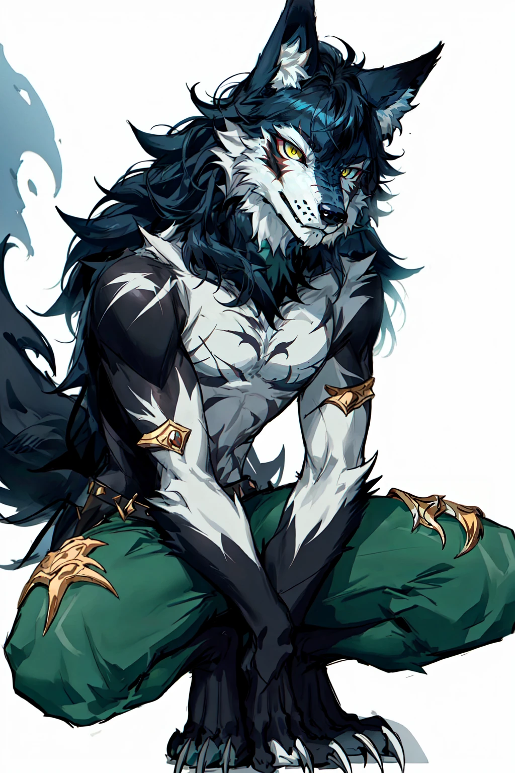 Were-Wolves, solo, 1boy, animal ears, sitting, closed mouth, tail, full body, yellow eyes, male focus, scar, squatting, wolf ears, claws, wolf tail, furry, topless male, furry male, body fur, scar on chest, scar on arm, black fur, animal feet, wolf boy, grey fur, looking at viewer, simple background, white background, <lora:Werewolves:0.8>