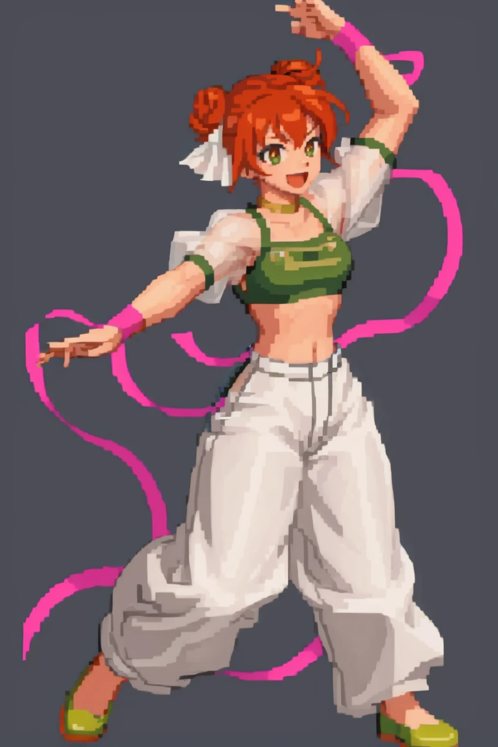 masterpiece, best quality, solo, 1girl, :d, looking at viewer, <lora:SNK-Kof_sprites_Fp:0.8>, simple background, full body, standing, <lora:Larum:1> larumfe, hair bun, midriff, hair ribbon, white pants, dancer, ribbon