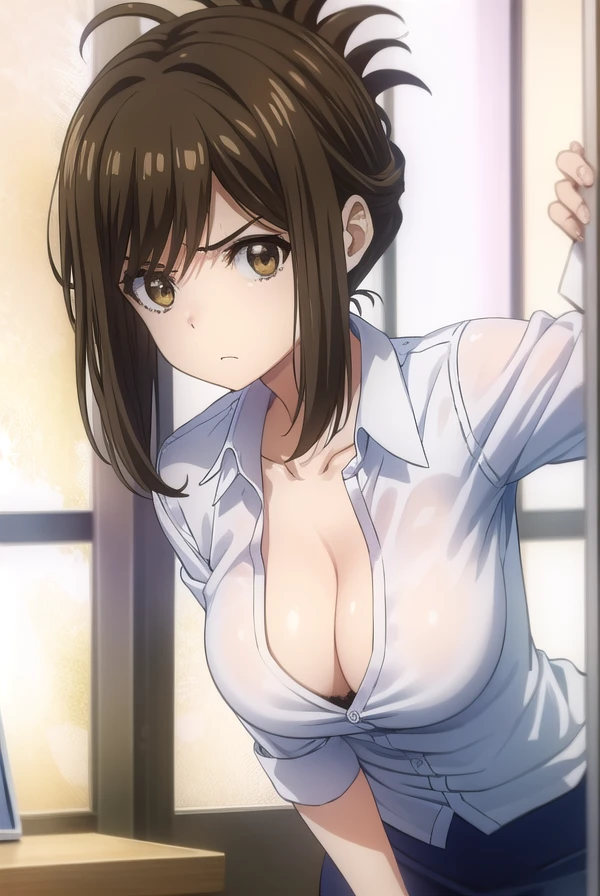 kanakojima, <lora:kana kojima s1-lora-nochekaiser:1>,
kana kojima, brown hair, (brown eyes:1.5), folded ponytail, angry, frown,
BREAK shirt, cleavage, white shirt, skirt, pencil skirt,
BREAK indoors, classroom,
BREAK looking at viewer, (cowboy shot:1.5),
BREAK <lyco:GoodHands-beta2:1>, (masterpiece:1.2), best quality, high resolution, unity 8k wallpaper, (illustration:0.8), (beautiful detailed eyes:1.6), extremely detailed face, perfect lighting, extremely detailed CG, (perfect hands, perfect anatomy),