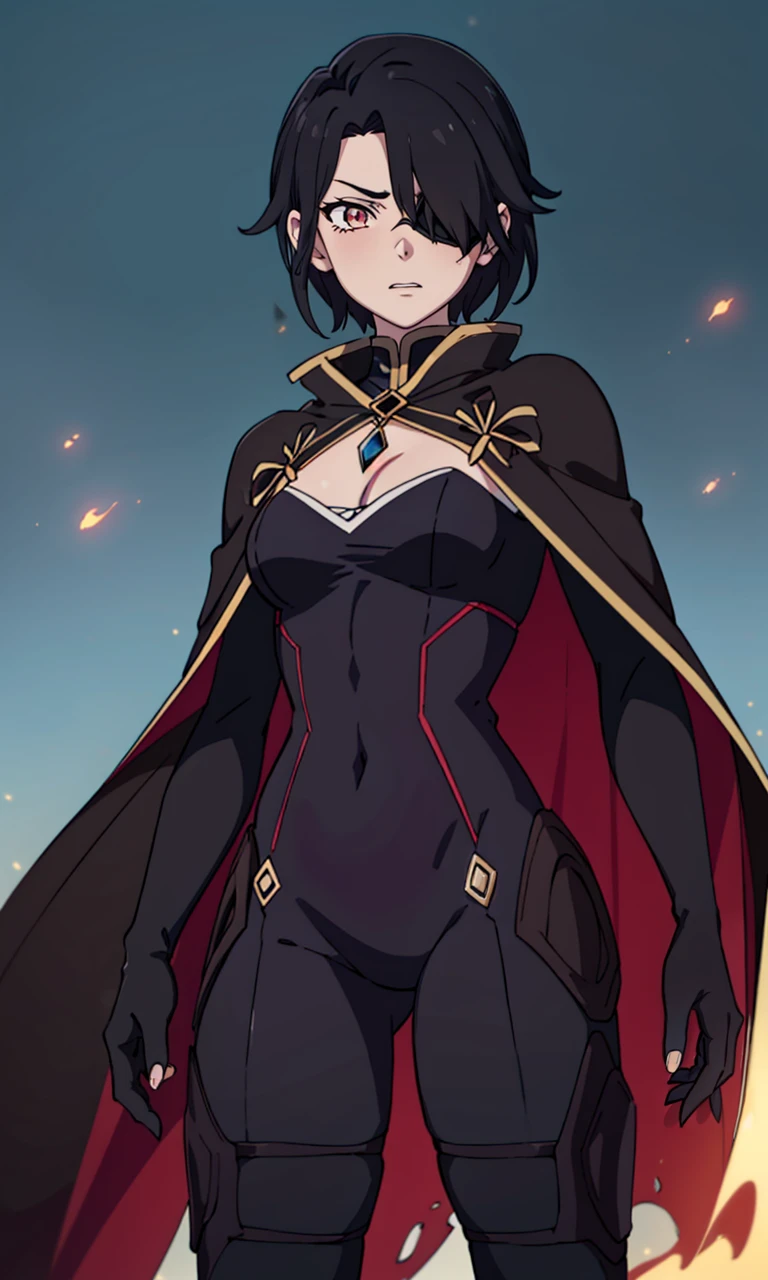 vampire queen, perfect body shape, small breast, battle skirt, (royal cape 1:1.1, underboobs 1:1.2), main color is matte black, secondary color is purple, sexy and devil aura, original character, masterpieces, seducing purple pupil, (multi color high pony tail 1:1.2), walking under blood moon and middle of the destroyed city street, purple gem accessories, golden belt, golden necklace, windy and evil effect, soft moon light focus, corruption, extremely delicate and beautiful eyes, messy bang, unique crown
