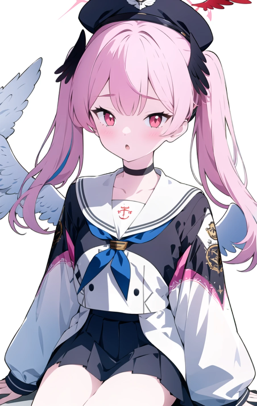 wings, 1girl, feathered_wings, black_wings, off_shoulder, white_wings, angel_wings, solo, hat, black_headwear, single_wing, skirt, sailor_collar, black_feathers, pink_hair, collarbone, pleated_skirt, mini_wings, low_wings, feathers, angel, virtual_youtuber, bare_shoulders, pink_wings, brown_wings, bird_wings, twintails, white_background, black_choker, fake_wings, long_sleeves, choker, simple_background, looking_at_viewer, long_hair, bangs, jacket, hair_ornament, blush, beret, detached_wings, red_wings, demon_wings, eyebrows_visible_through_hair, head_wings, sleeves_past_wrists, breasts, white_feathers, shirt, parted_lips, spread_wings, cleavage, neckerchief, sitting, white_sailor_collar, :o, serafuku, multicolored_wings, black_shirt, small_breasts <lora:style_JYTx24:1>